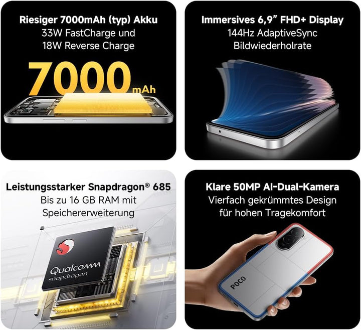 XIAOMI Poco M7, Smartphone 6+128GB, 6,9" FHD+ 144Hz Display, Snapdragon 685, 50MP AI-Zweifach-Kamera