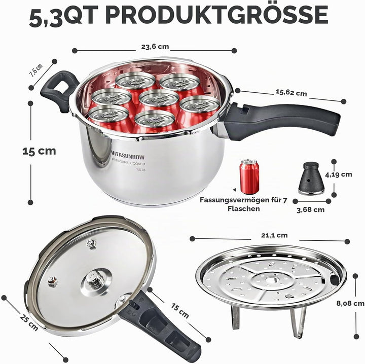 Edelstahl-Drucktopf 304 mit Sicherheitssystem - Für Induktion, Gas &amp; Alle Herdarten - Professionell