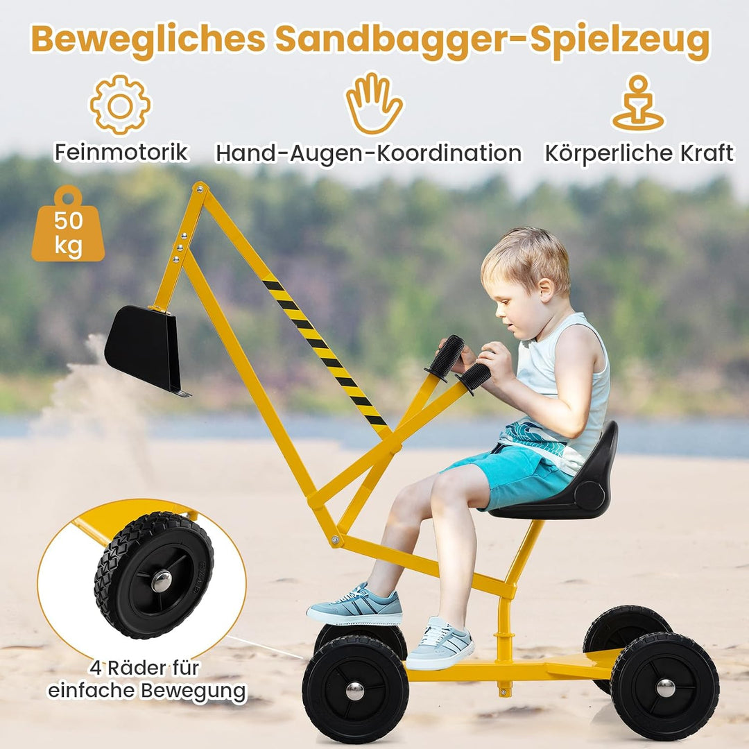 DREAMADE Sandbagger für Kinder, Aufsitzbagger mit 360° drehbarem Sitz, flexiblem Schaufelarm, ergono