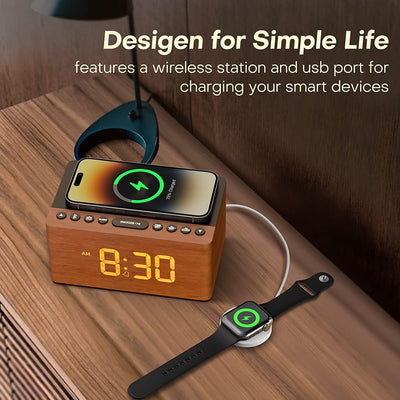 ANJANK Hölzerner Bluetooth-Lautsprecher Radiowecker Digital,Kabellose Ladestation für iPhone/Samsung