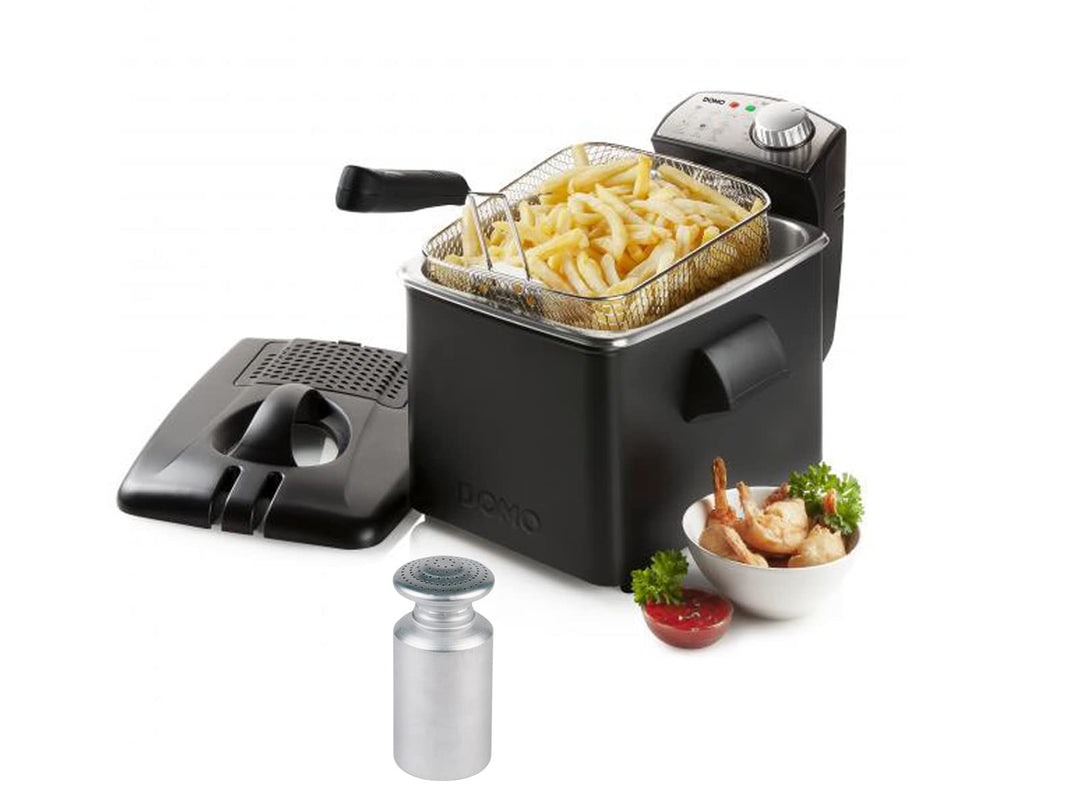 Grosse Kaltzonen Fritteuse Edelstahl in Schwarz, Sichtdeckel & Filter 3200Watt 4,5Ltr.