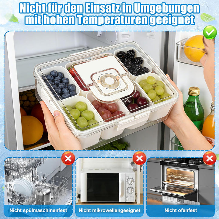 IEEILULU Snackbox mit 8 Fächern und Abtropfboden für Obst, Snacks, Saucen usw, Snackteller mit Fäche