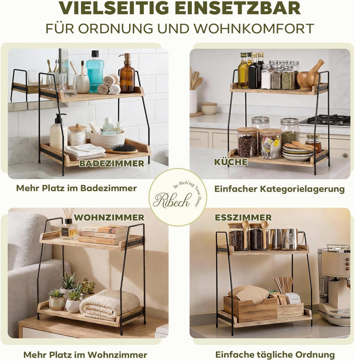 2-stufiges Organizer-Regal aus Holz & Metall | Kaffee- und Küchenregal mit Arbeitsplatte | Für Kosme