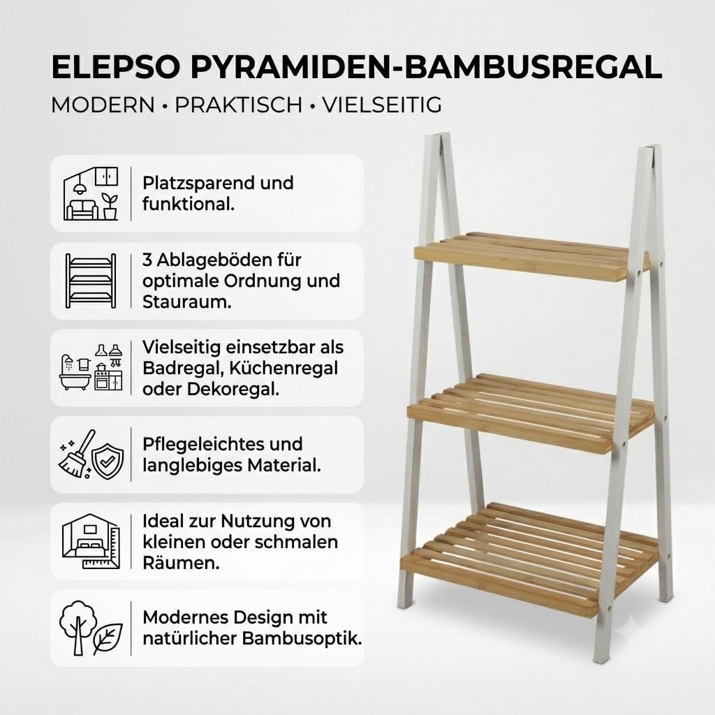 Generisch Badregal Bambus mit 3 Ablagen - Standregal Pyramide aus natürlichem Holz Leiterregal Stufe