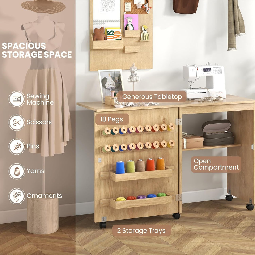 LIFEZEAL Nähmaschinenschrank klappbar, Nähschrank 2 in 1, Schreibtisch Holz mit Haken, Ablage &amp; Roll