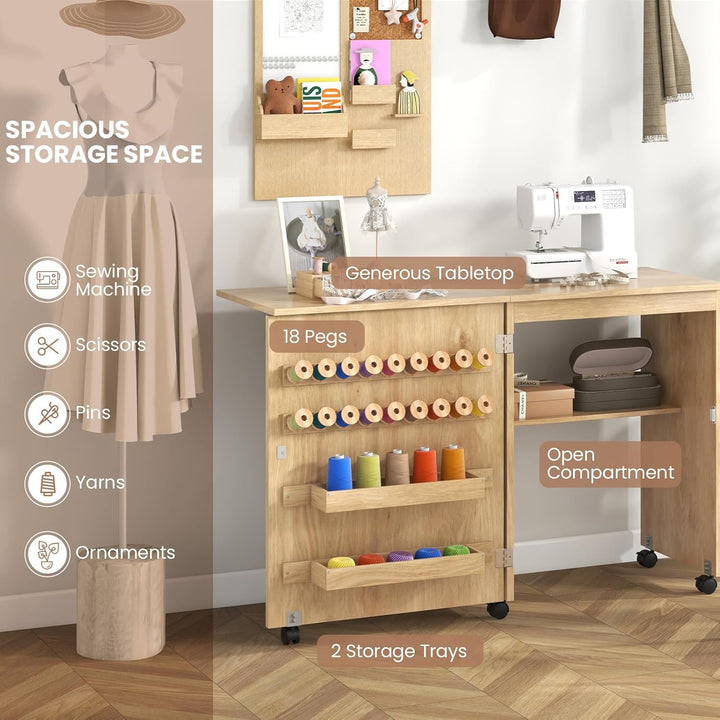 LIFEZEAL Nähmaschinenschrank klappbar, Nähschrank 2 in 1, Schreibtisch Holz mit Haken, Ablage &amp; Roll