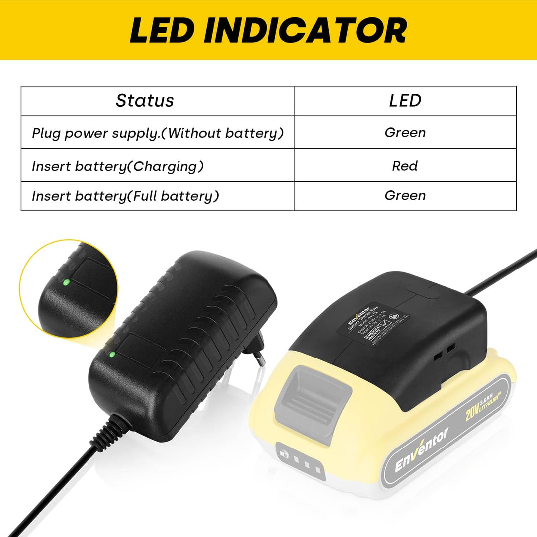 Akkuladegerät, ENVENTOR 1.1A Lithium-Batterieladegerät für ENVENTOR 20V 2.0Ah / 4.0Ah Batterien, 1.1