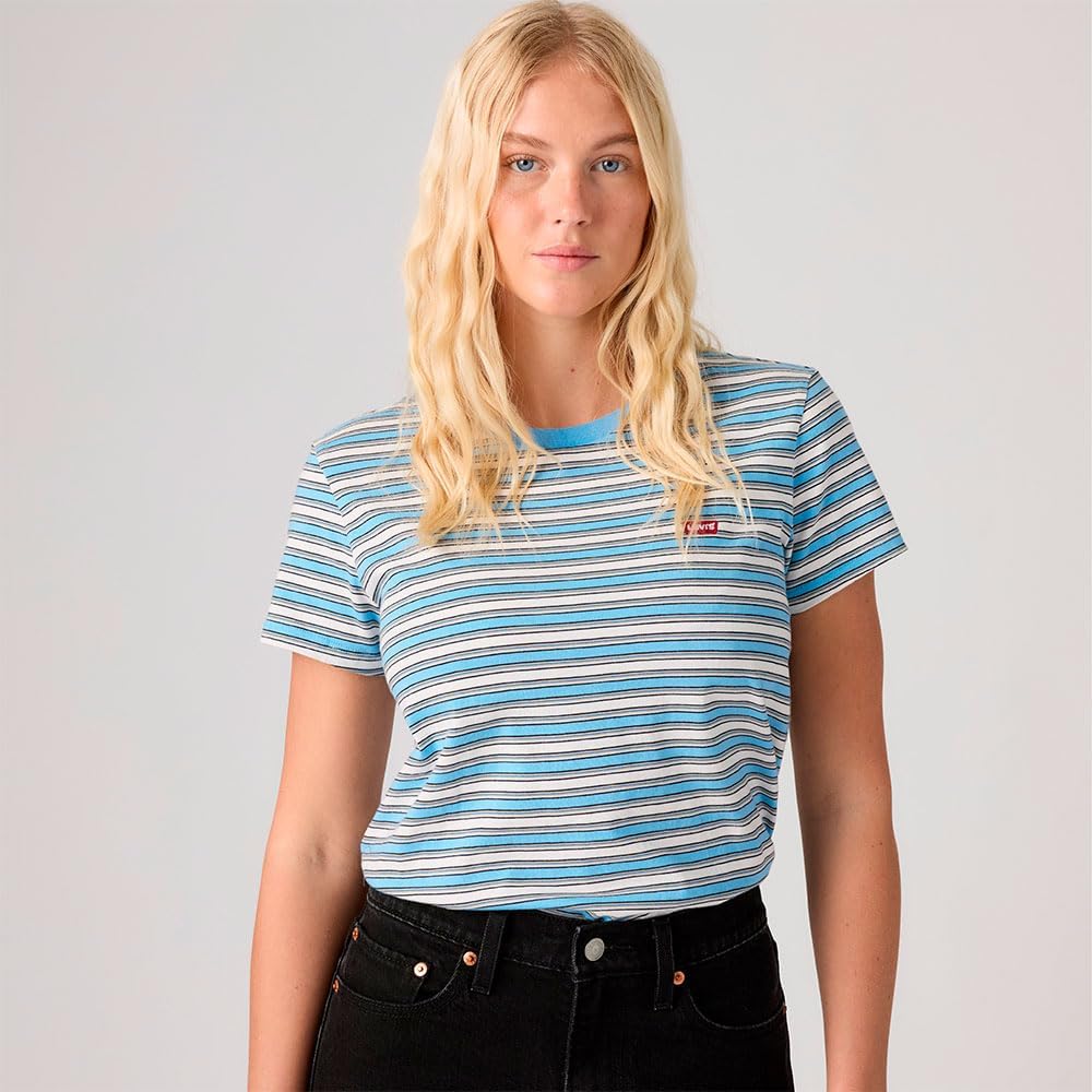Levi's Damen The Perfect Tee T-Shirt, Striped Chesthit Logo S Pisces Stripe Alaskan Blue, S Pisces S