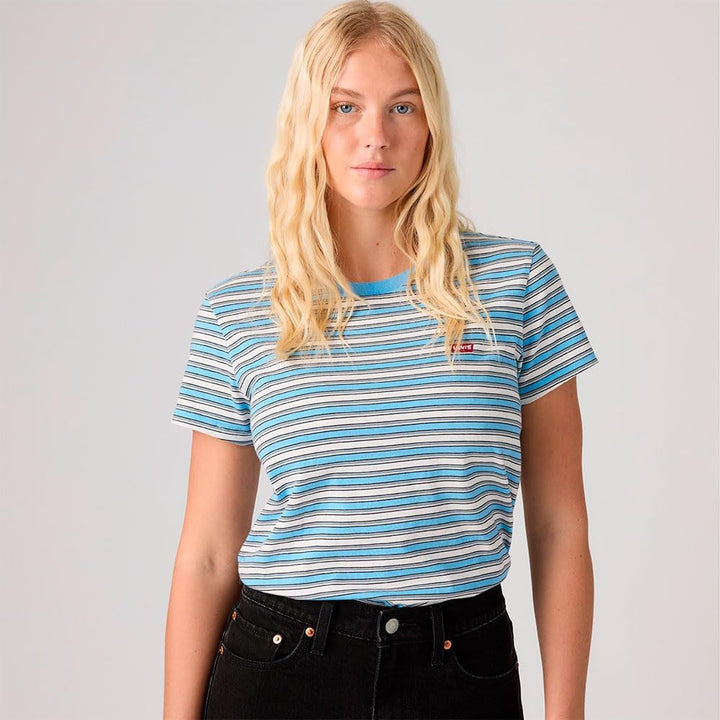 Levi's Damen The Perfect Tee T-Shirt, Striped Chesthit Logo S Pisces Stripe Alaskan Blue, S Pisces S