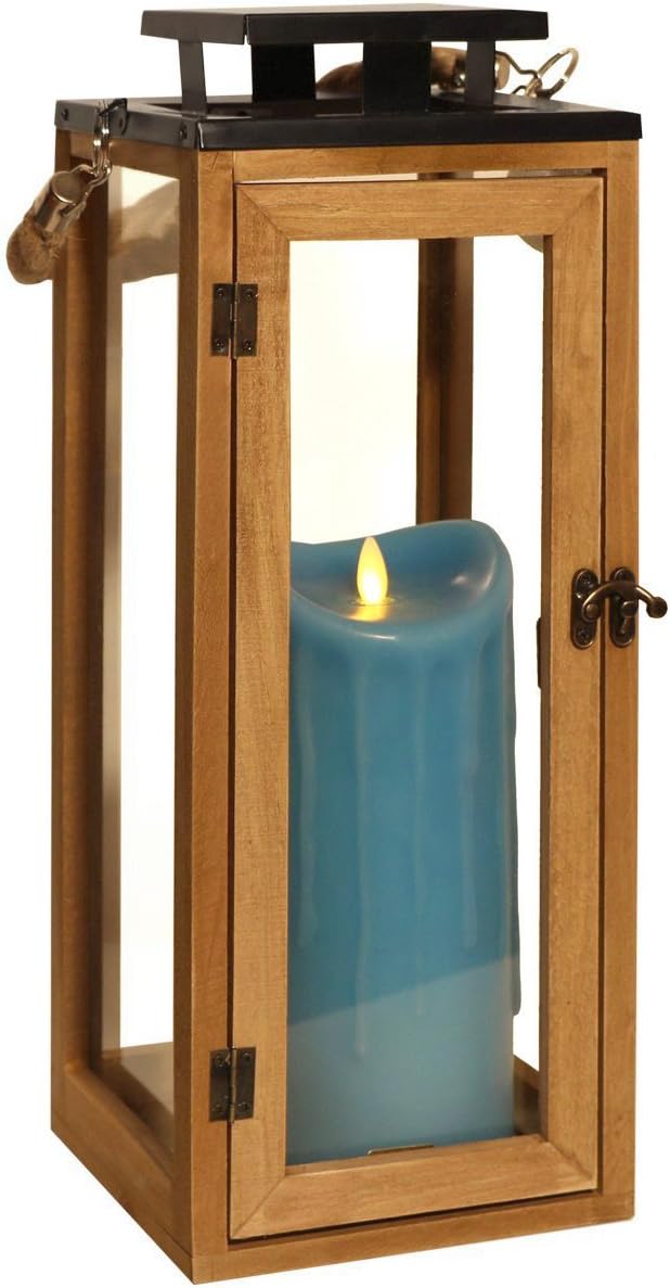 Dekovita 42cm Holz-Laterne - Gartenlaterne inkl. 23m LED Echtwachs-Kerze Blau Wachstropfen mit 5h-Ti