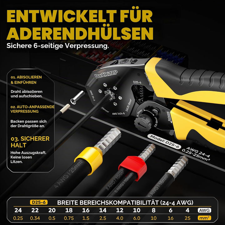 DxCRIMP Crimpzange Aderendhülsen Set für 0,25-25mm², 11 Arten isolierter Aderendhülsen, Selbsteinste