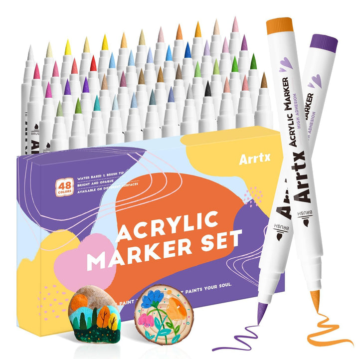 Arrtx Acrylfarbstift, 48E Farben, Acrylmarker für Steinmalerei, Pinselspitze, Farbmarker, Kunstbedar
