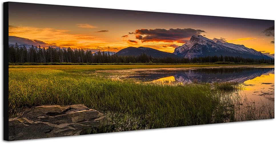 Paul Sinus Art Panoramabild auf Leinwand und Keilrahmen 150x50cm Kanada Wiese See Berge Sonnenaufgan