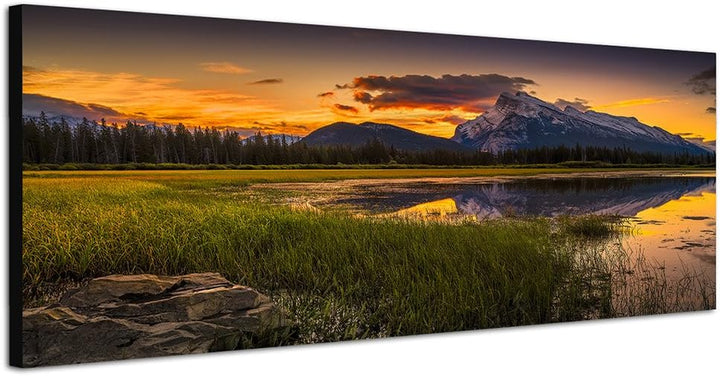 Paul Sinus Art Panoramabild auf Leinwand und Keilrahmen 150x50cm Kanada Wiese See Berge Sonnenaufgan