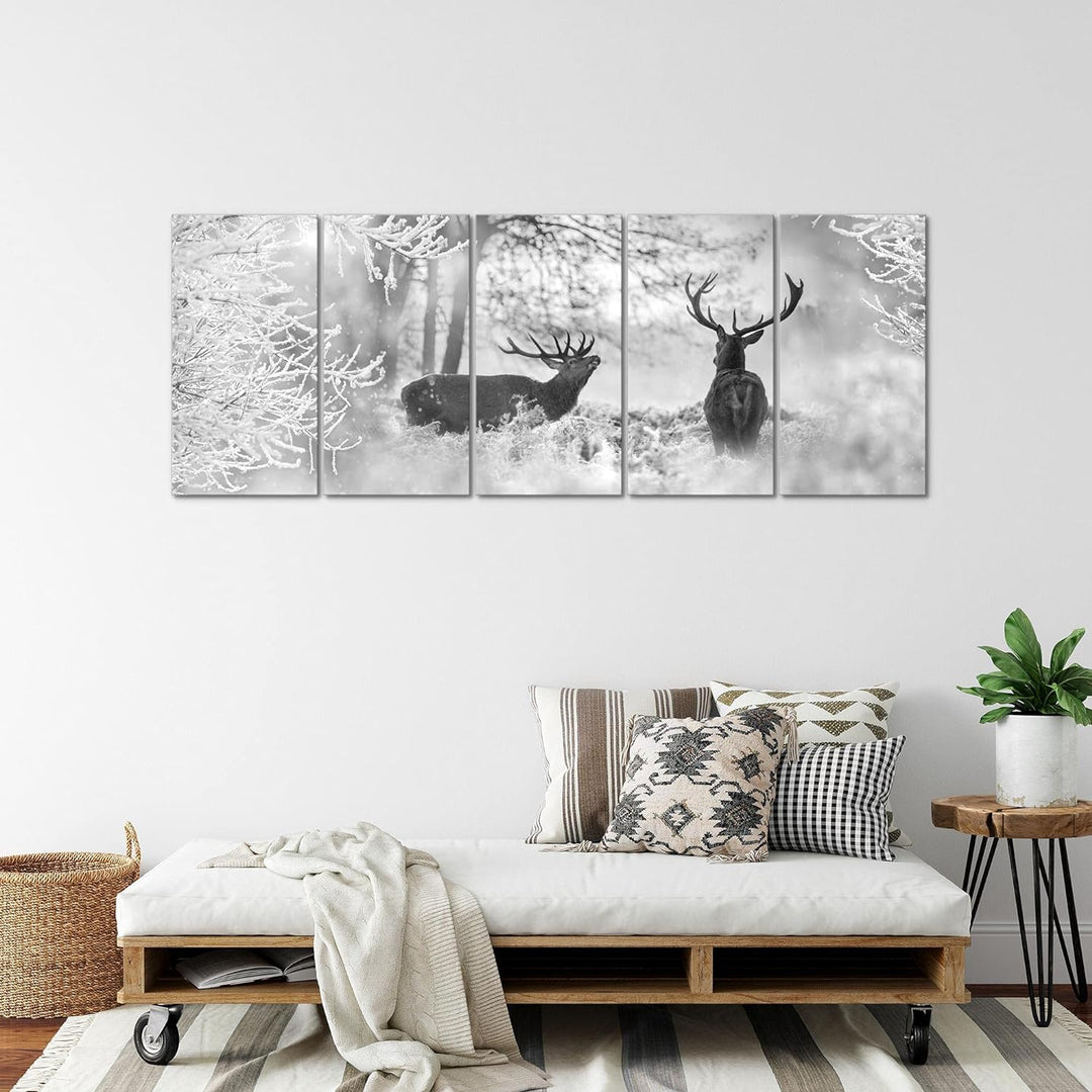 Runa Art Wandbild XXL Winter Hirsch Wohnzimmer Schlafzimmer 200 x 80 cm Schwarz Weiss 5 Teilig - Mad