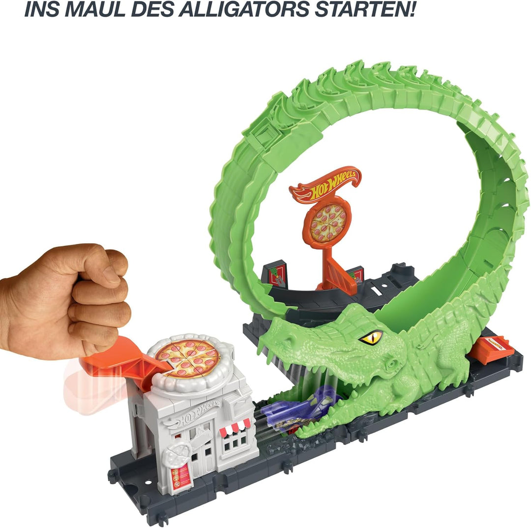 Hot Wheels Spielset Krokodilangriff - Rennbahn, Looping, Spirale, Verstellbarer Schwanz, Pizzeria-De