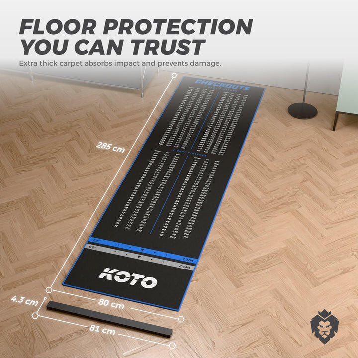 KOTO - Oche Carpet Checkout Dartmatte 285 x 80 cm + Oche Inkl. Score Indikator, Rutschfeste Teppich