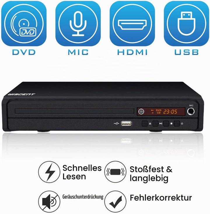WISCENT DVD-Player für TV mit HDMI/AV/Koaxial Ausgang(HDMI Kabel enthaltenl),USB 2.0 Mediaplayer,All