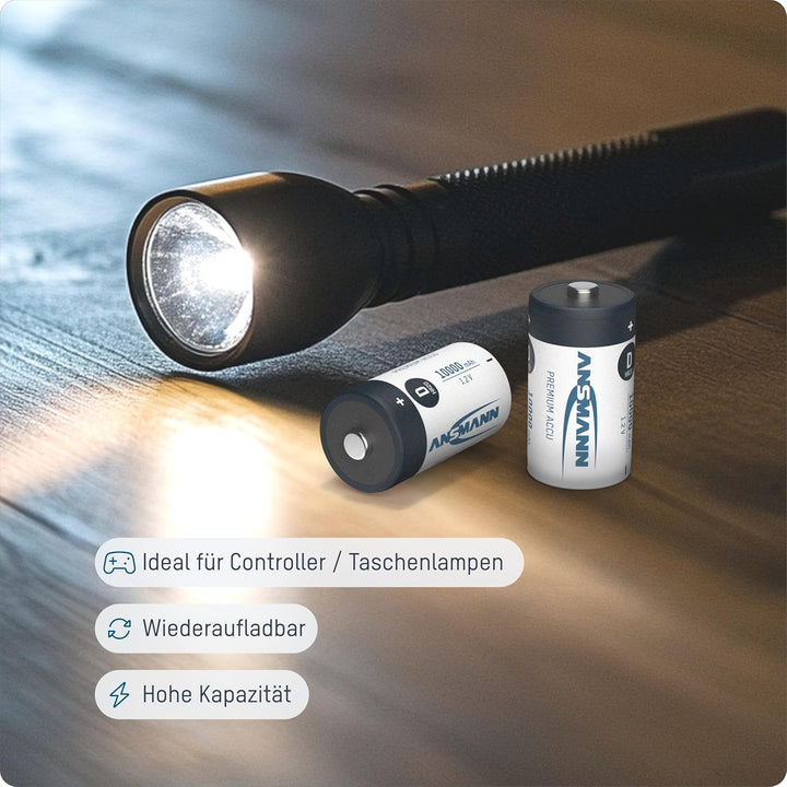 ANSMANN Akku D 10000 mAh NiMH 1,2 V (4 Stück) - Mono D Batterien wiederaufladbar, hohe Kapazität &amp; m