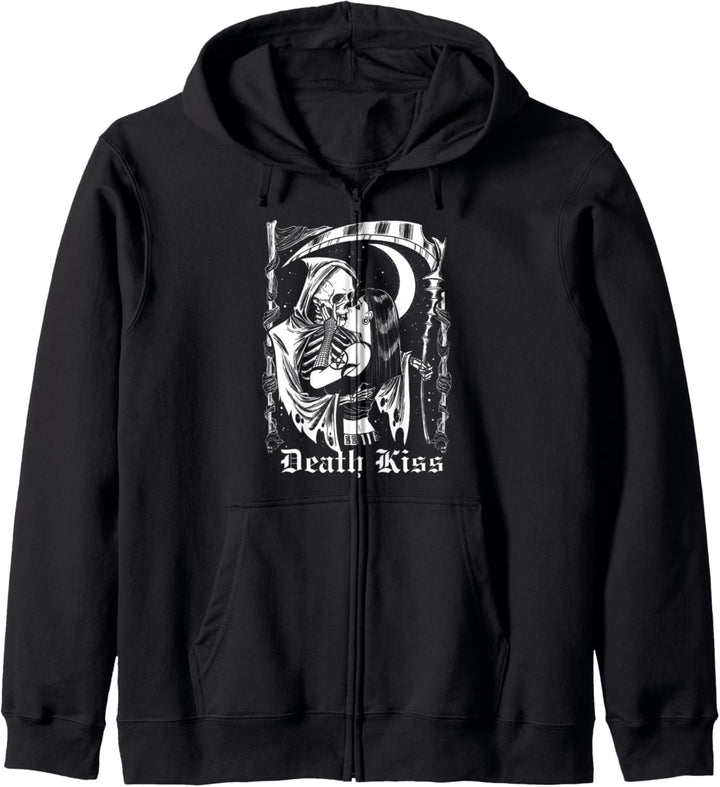 Tod Kuss Hexe und Tod Sensenmann Skelett Kapuzenjacke