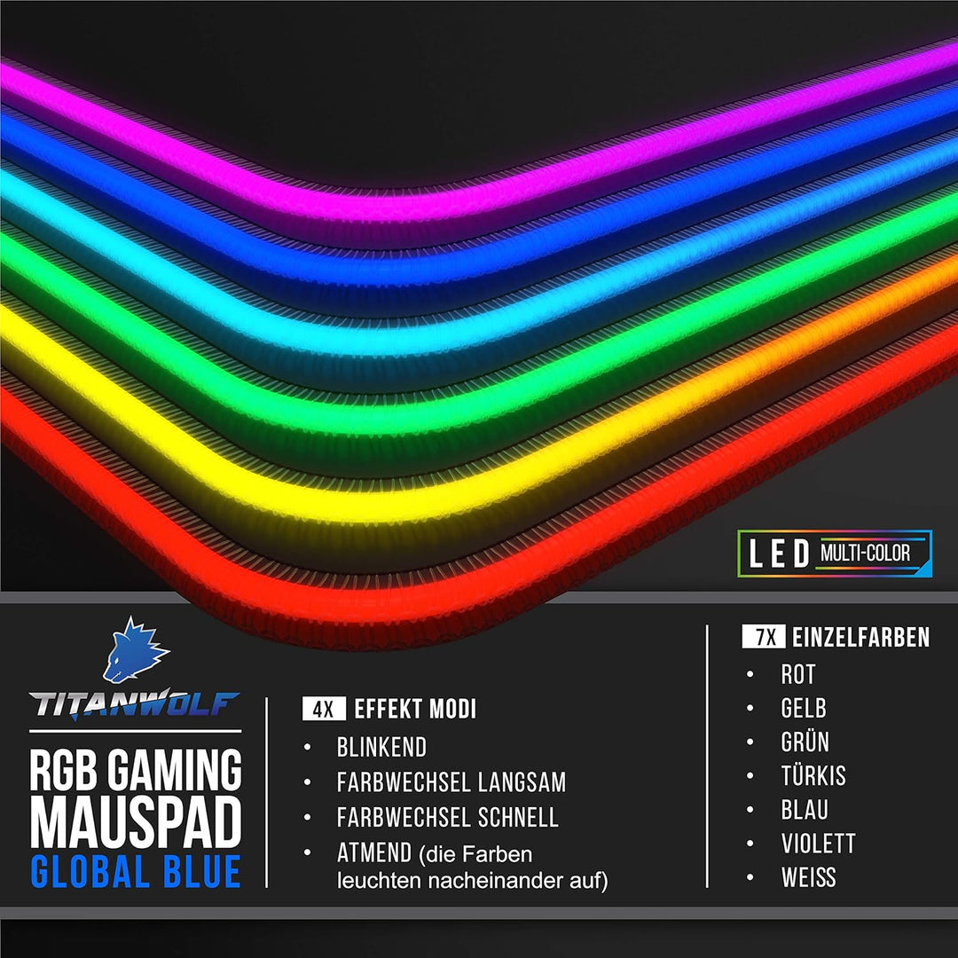 Titanwolf - RGB Gaming Mauspad - 800x300 mm - XXL Mousepad - LED Multi Color - 7 LED Farben Plus 4 E