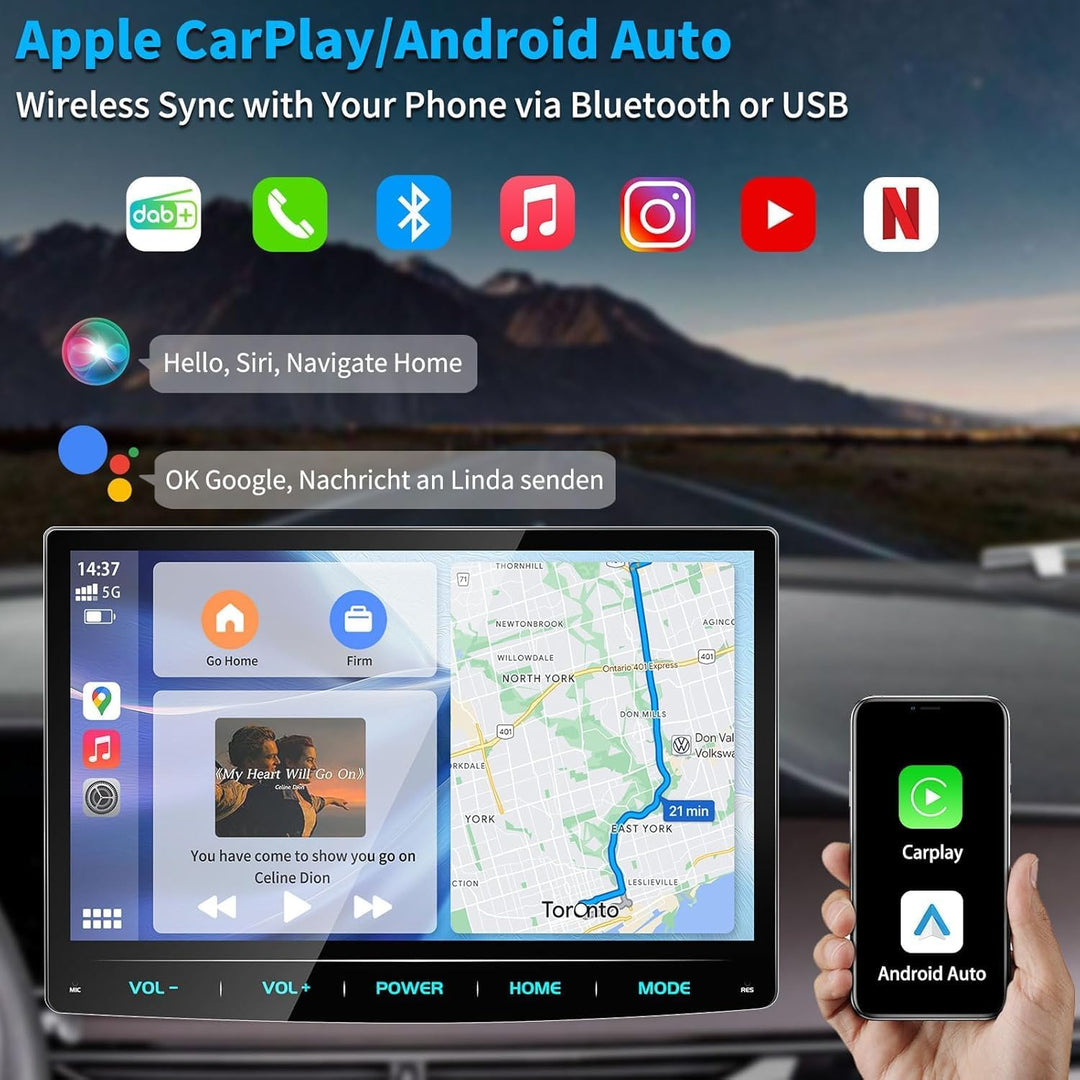 URVOLAX Android 13 Autoradio mit Bildschirm, 10.1 Zoll Wireless CarPlay Apple Android Auto Navi DAB+