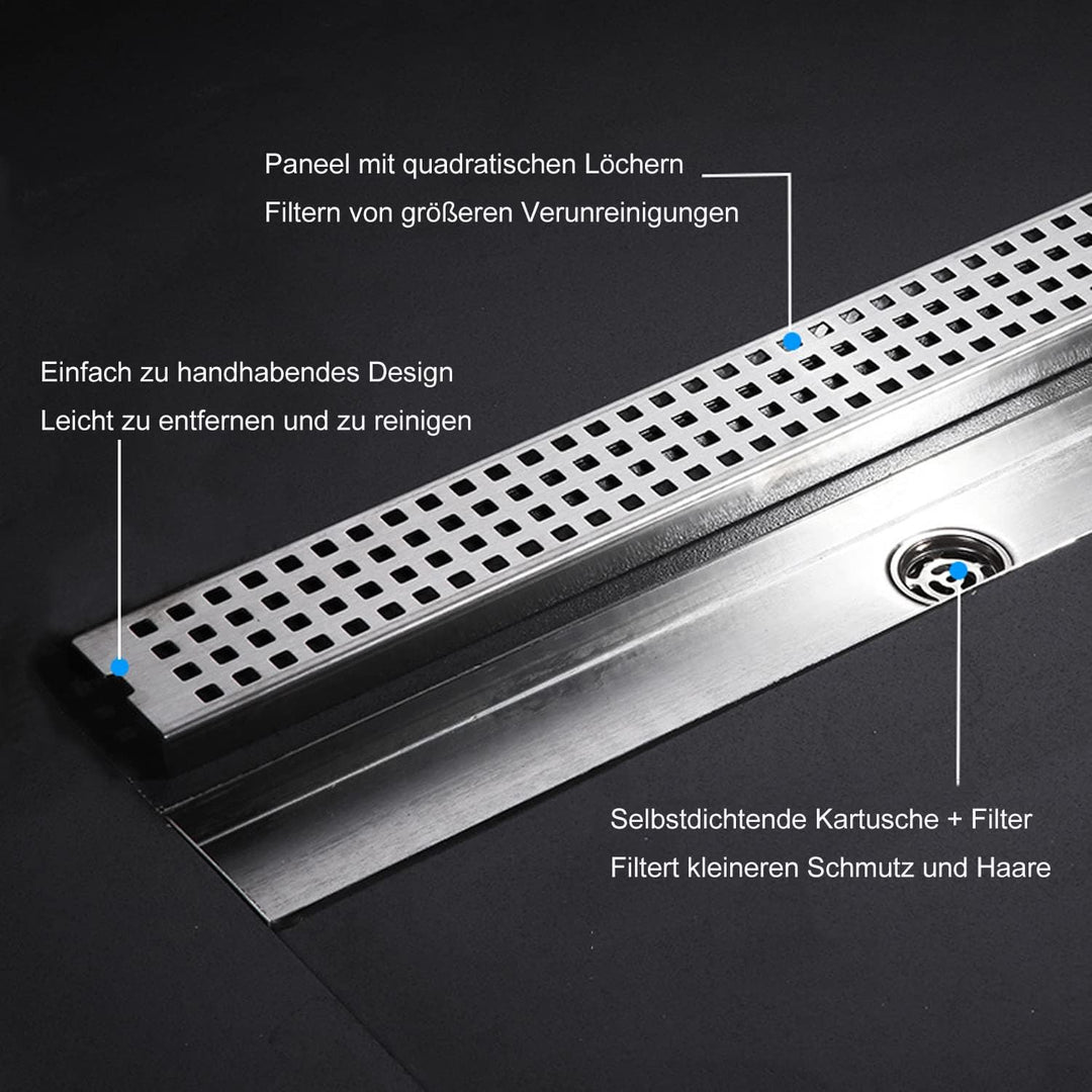 uyoyous Strip Duschrinne 60 cm Komplettset Extra Flach,Edelstahl Duschablaufrinne Senkrechter Ablauf