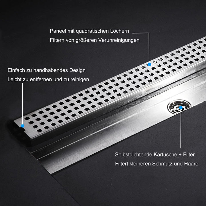 uyoyous Strip Duschrinne 60 cm Komplettset Extra Flach,Edelstahl Duschablaufrinne Senkrechter Ablauf