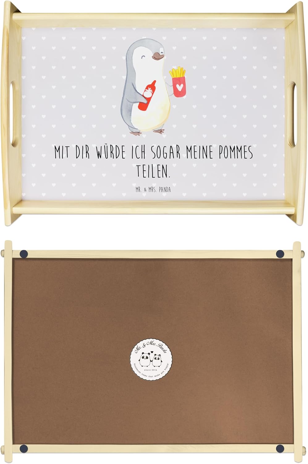 Mr. & Mrs. Panda tablett für Bett Pinguin Pommes - Geschenk, Freund, Servier, Hochzeitstag, Holz, Ja