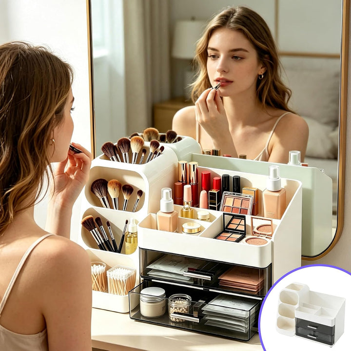 Grosser Makeup Kosmetik Organizer mit Schubladen – 3-in-1 Aufbewahrungsbox für Pinsel &amp; Kosmetik, st
