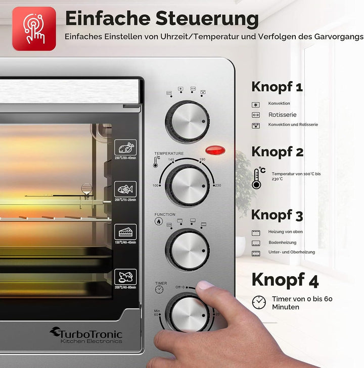 TurboTronic Elektrobacköfen mit Umluft, Grill &amp; Drehspiess | 30 L, 38 L &amp; 45 L Edelstahl-Tischbacköf