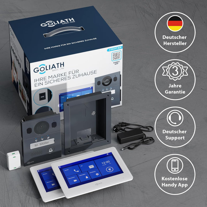 GOLIATH Basic Video Türsprechanlage, 2 Draht Bus, 2X 7 Monitor, Unterputz Türklingel mit Kamera, Geg