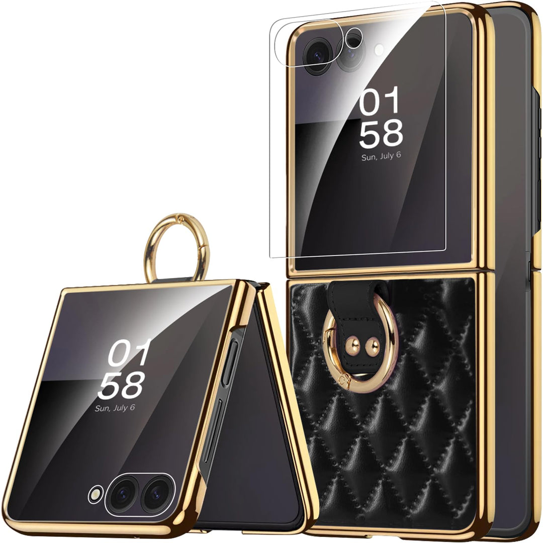 Miimall Lederhülle Kompatibel mit Samsung Galaxy Z Flip 7 Hülle mit Ring Ständer & Kameraschutz [Lux