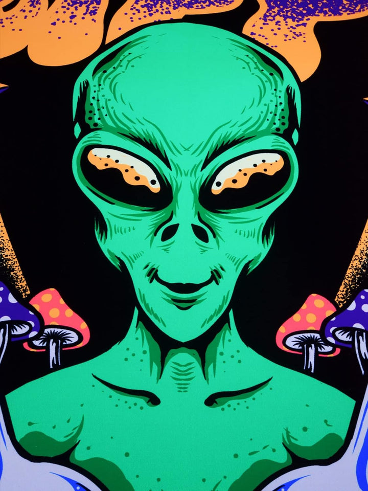 PSYWORK Schwarzlicht Stoffposter Neon | Trippin Alien | 1,5 x 2,25m | UV-aktiv | fluoreszierend | Wa