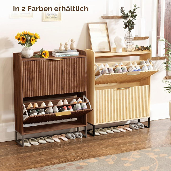 LEADZM Schuhschrank schmal,Schuhkipper mit 2 Flip-Schubladen Schuhregal mit Metallfüssen Trennwand v