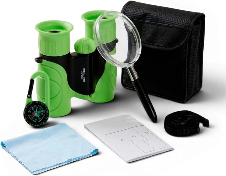 Kinderfernglas 8x21 – Entdecker-Set mit Lupe, Kompass, Tasche und Trageband für Wald, Zoo, Wandern,