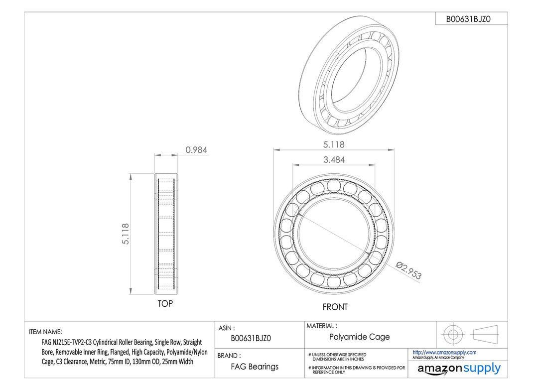 FAG nj215e-tvp2-c3 Zylindrische Roller Bearing, einreihig, gerade Bohrung, abnehmbarer Ring, innen F