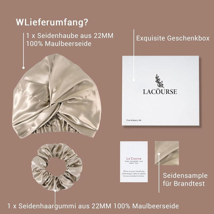 ‌LaCourse Rutschfeste Verstellbare Echte 22 Momme 100% Maulbeerseiden-Seidenhaube zum Schlafen, Dopp