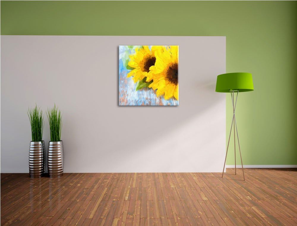 Pixxprint schöne Sonnenblumen auf Holztisch als Leinwandbild Quadratisch| Grösse: 70x70 | Wandbild|