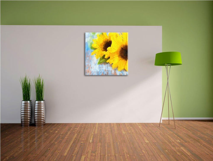 Pixxprint schöne Sonnenblumen auf Holztisch als Leinwandbild Quadratisch| Grösse: 70x70 | Wandbild|