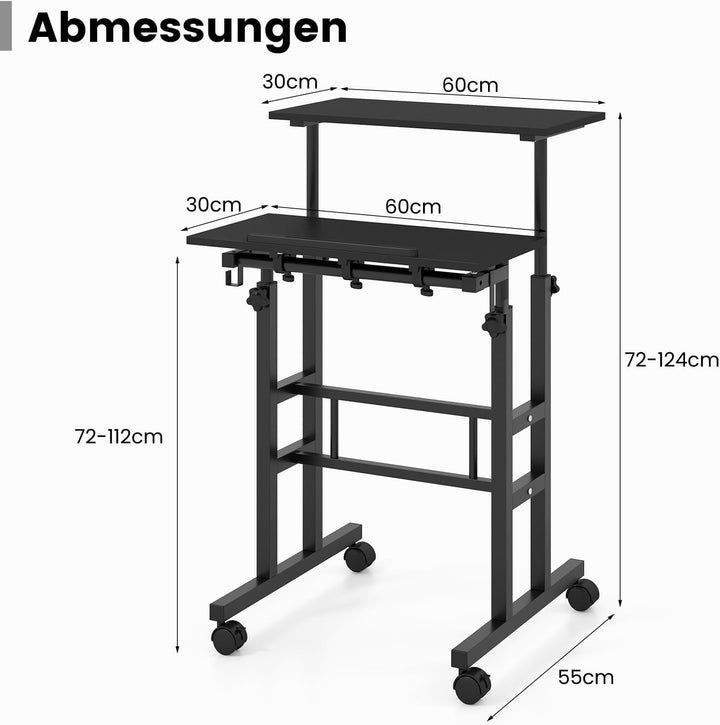 COSTWAY Stehpult Höhenverstellbar, mobiler Computertisch mit Rollen, neigbarer Tischplatte & 2 Haken