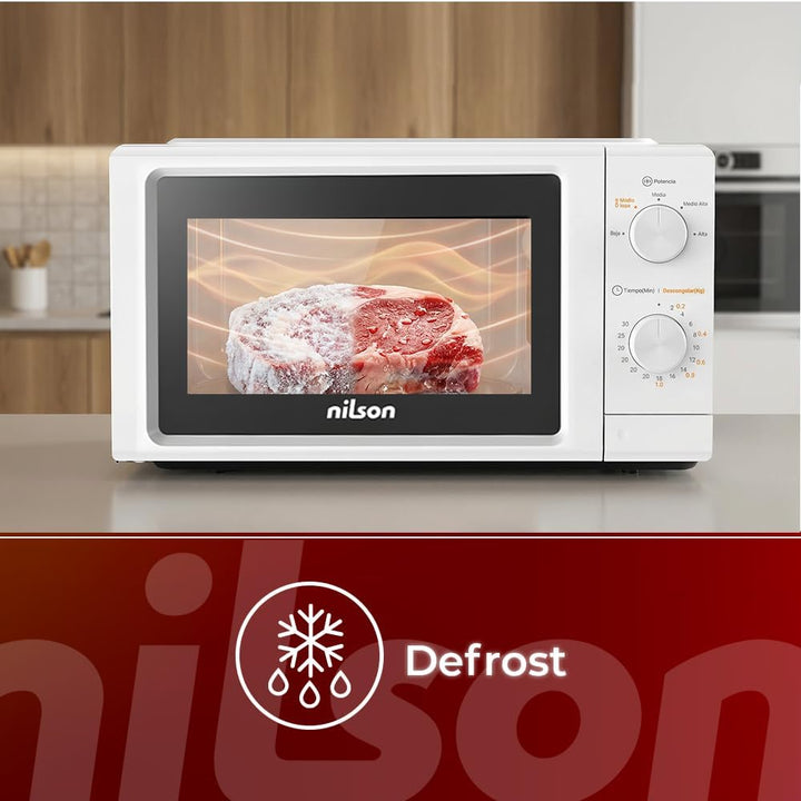 Nilson Mikrowelle, 19 l, freie Installation, Weiss NMW2701, 700 W, 5 Programme, mechanisch, Auftaufu