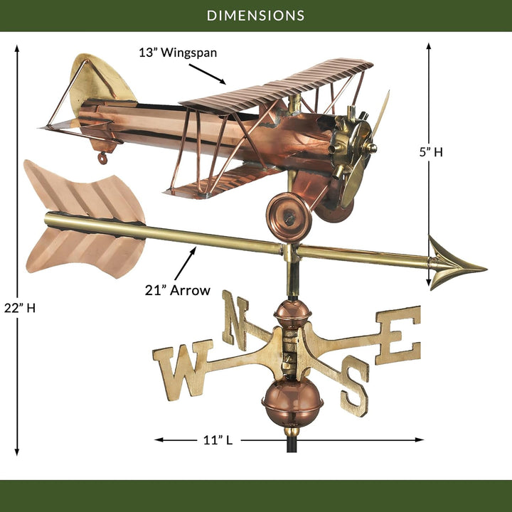 Good Directions Doppeldecker mit Pfeil Wetterfahne inkl. Dachhalterung, reines Kupfer, Flugzeug-Wett