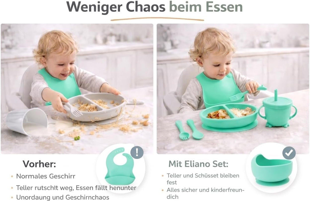 Eliano Sicheres & Rutschfestes Silikon Baby-Geschirrset - 6-teilig | Perfekt für die Beikosteinführu