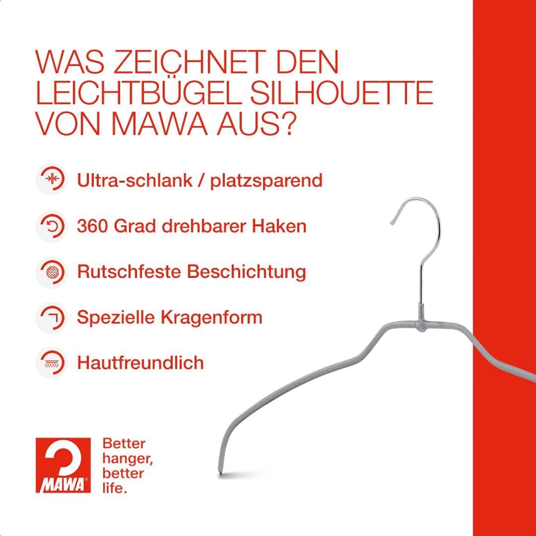 MAWA Kleiderbügel Light, Set mit 100 50% platzsparenden und rutschfesten Bügeln, ideal für Hemden un