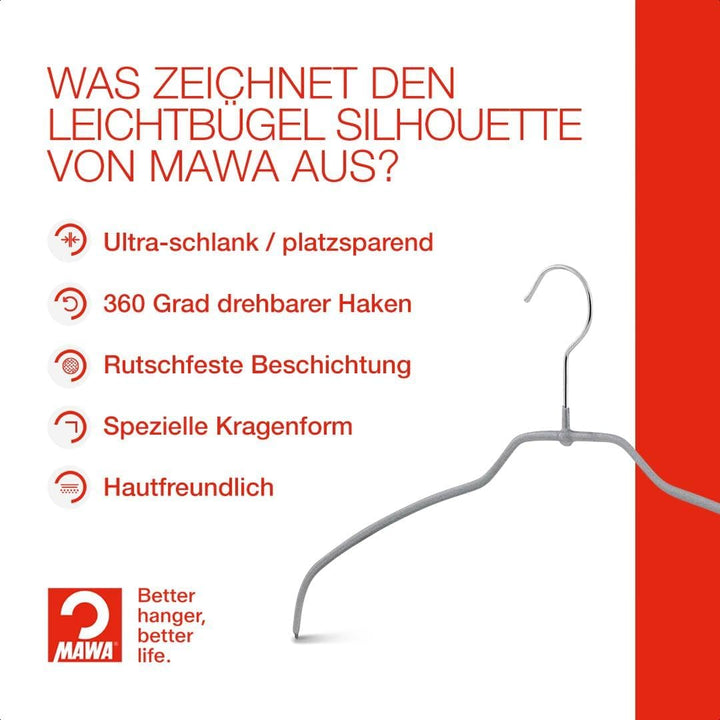 MAWA Kleiderbügel Light, Set mit 100 50% platzsparenden und rutschfesten Bügeln, ideal für Hemden un