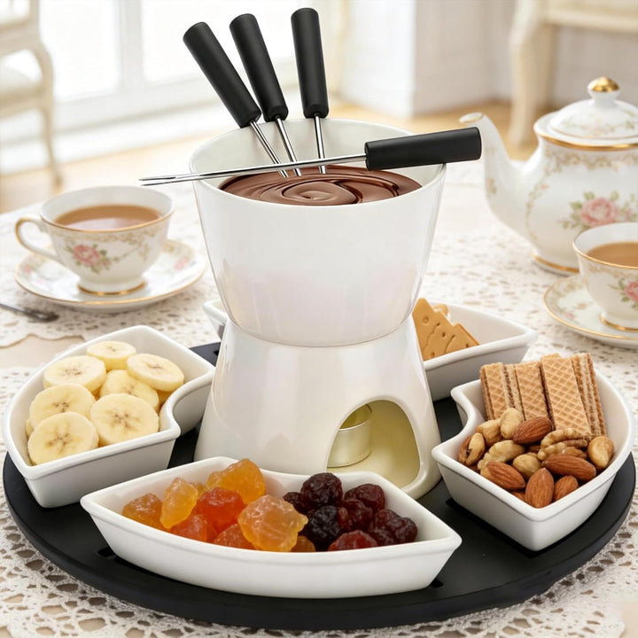 Keramik Fondue-Set mit 4 Schälchen &amp; Gabeln | Weisser Porzellan Käse- &amp; Schokoladen-Schmelztopf | 30