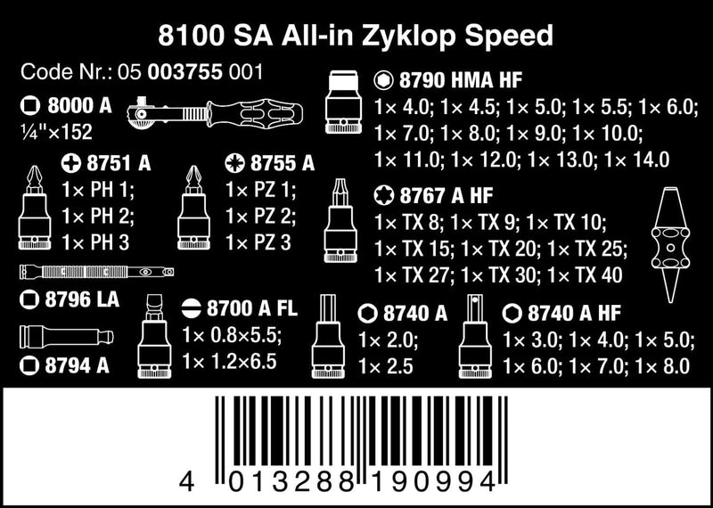 Wera 05003755001 8100 SA All-in Zyklop Speed-Knarrensatz, 42-teilig, 1/4 Zoll, Farbig Single, Single