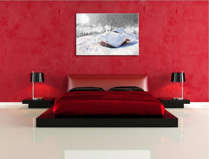 hübsche verschneite Berghütten in den Alpen Format: 100x70 auf Leinwand, XXL riesige Bilder fertig g