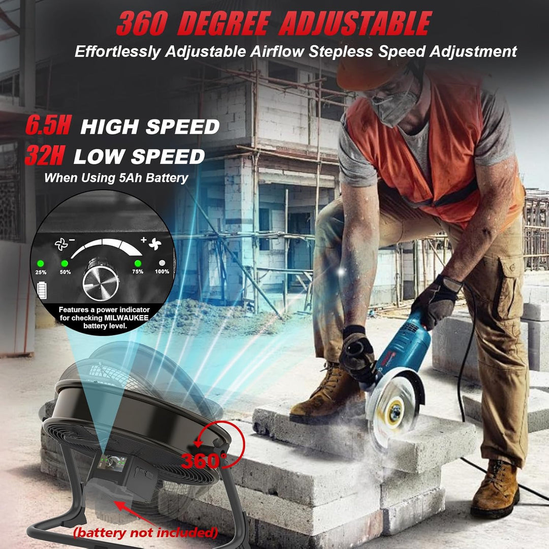 Akku Bodenventilator kompatibel mit Milwaukee 18V Akku, 12 Zoll Kabelloser Ventilator Leise, Netztei